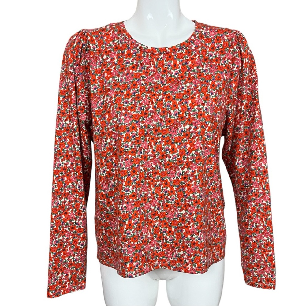 J. Crew Red Floral Puff Long Sleeve Crew Neck Cotton Tee Size XL